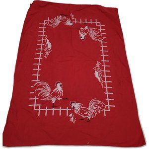 Handcrafted Tablecloth Red Linen White Cross Stitch Roosters Farms Fences 35x48